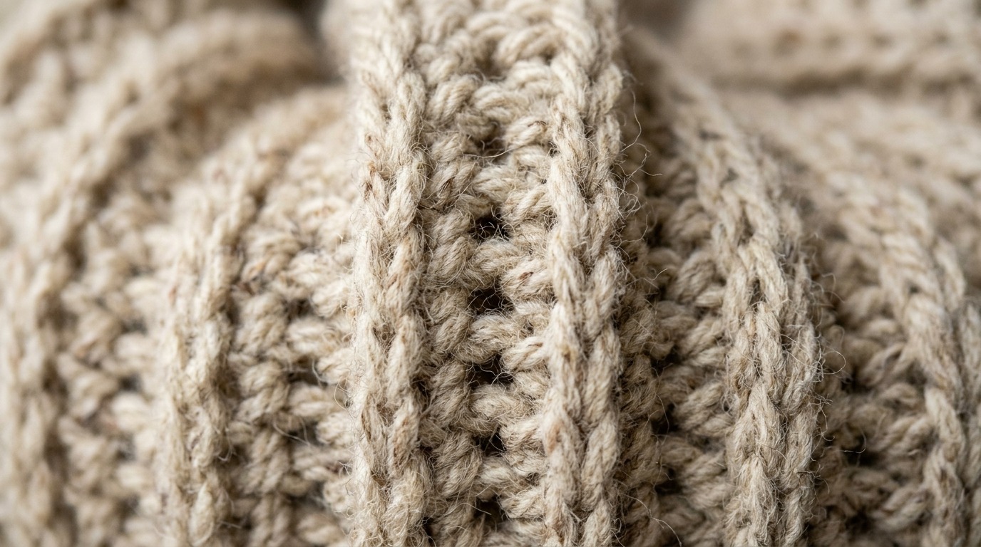 Ultra close up macro texture of handmade chunky crochet infinity scarf in oatmeal cream ribbed wool yarn