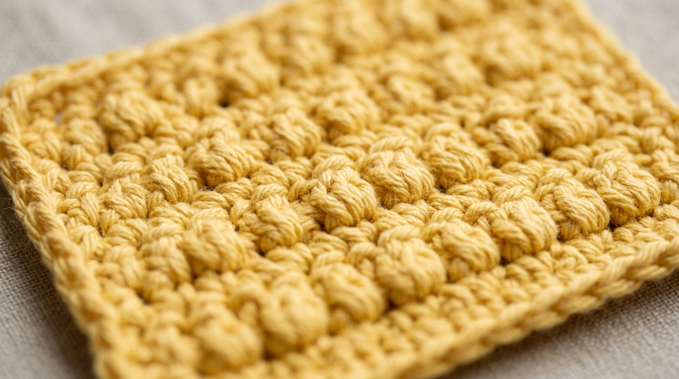 Ultra close-up macro of crochet lemon peel stitch swatch in butter yellow cotton yarn