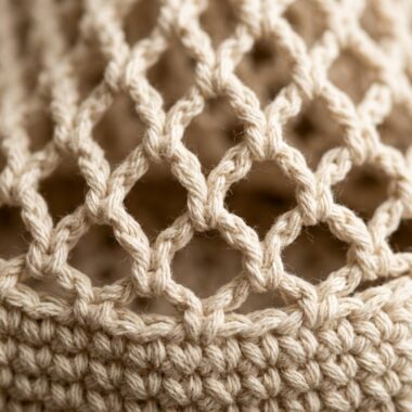 Ultra close up macro photography of handmade cream cotton crochet market tote bag mesh texture
