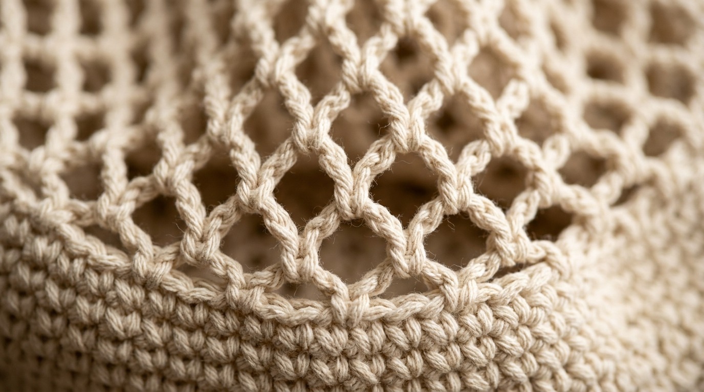 Ultra close up macro photography of handmade cream cotton crochet market tote bag mesh texture