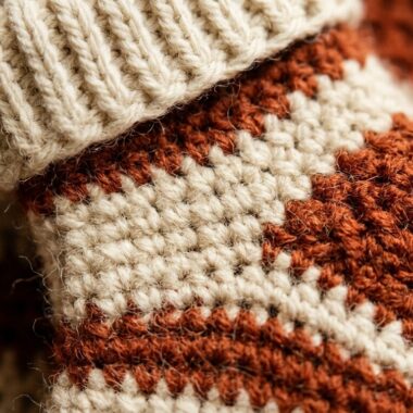 Ultra close up macro photography of handmade rustic farmhouse mini crochet Christmas stocking in natural cream and terracotta wool yarn