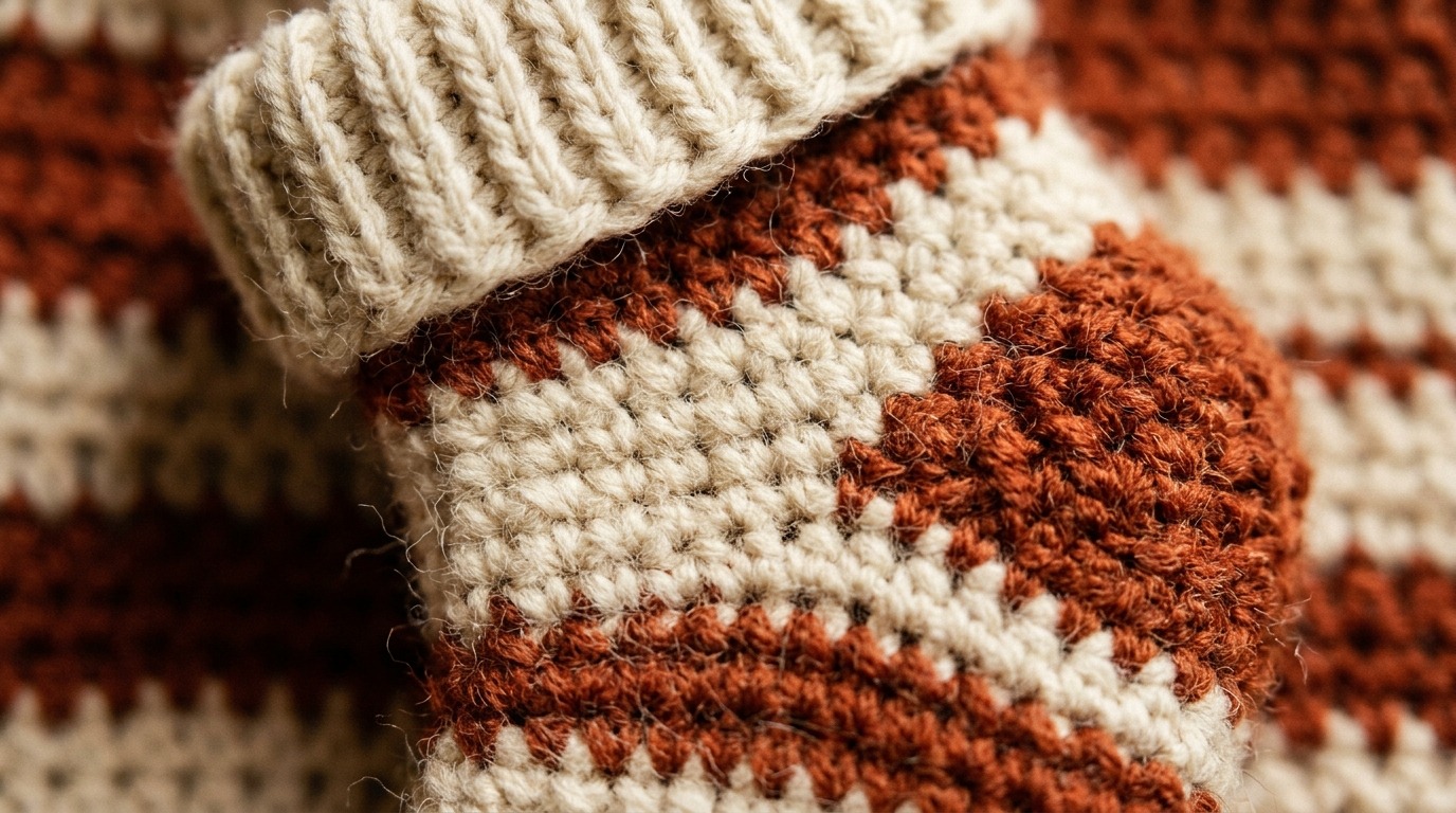 Ultra close up macro photography of handmade rustic farmhouse mini crochet Christmas stocking in natural cream and terracotta wool yarn