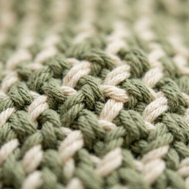 Ultra close up macro photography of handmade crochet moss stitch in sage green and cream cotton yarn