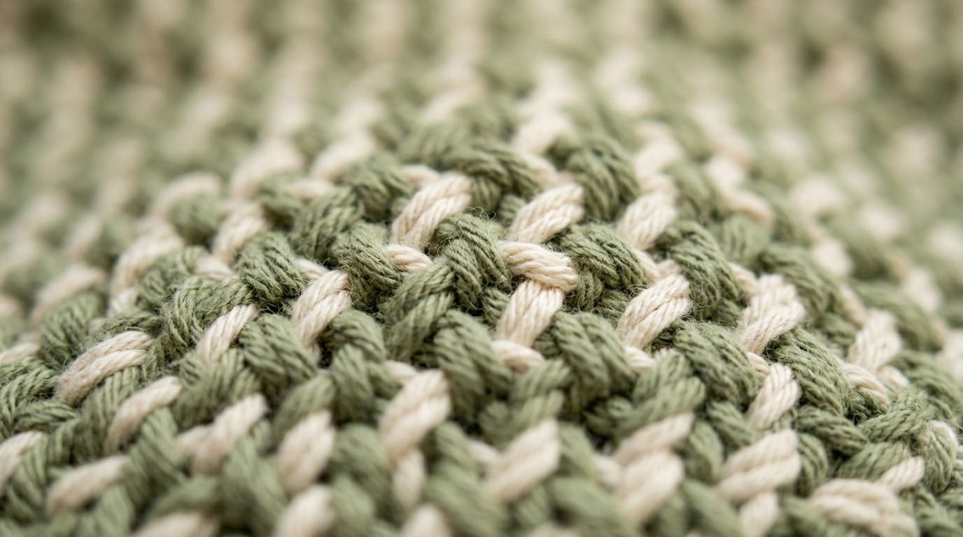 Ultra close up macro photography of handmade crochet moss stitch in sage green and cream cotton yarn