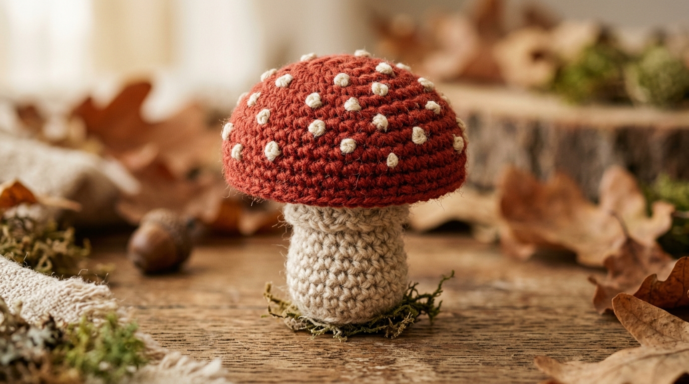 Ultra close-up macro of cute crochet mushroom in terracotta crimson cap with cream French knot spots and sturdy stem