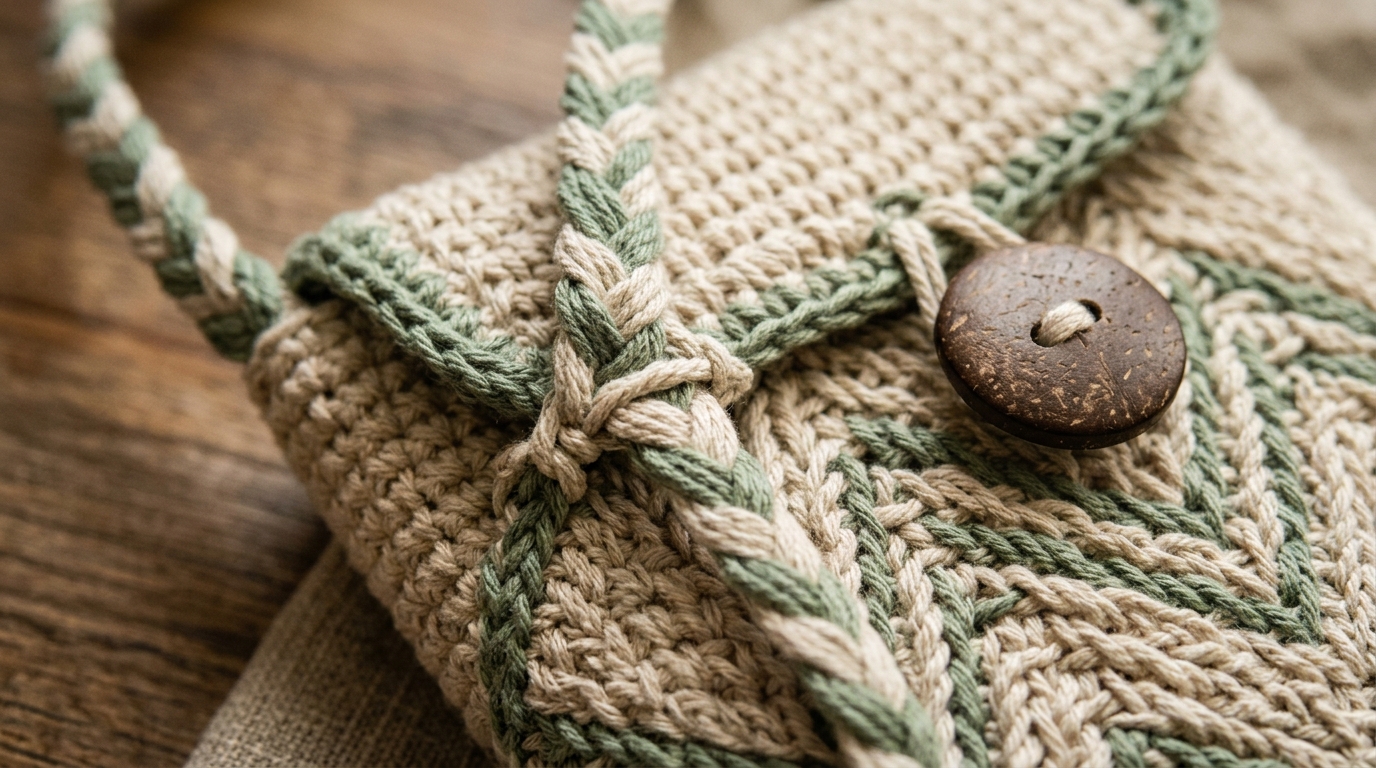 Ultra close-up macro of crochet crossbody phone bag in oat cream and sage green cotton yarn with coconut button