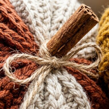 Ultra close up macro photography of handmade rustic crochet farmhouse pumpkins in terracotta and mustard wool with cinnamon stick stem and twine bow