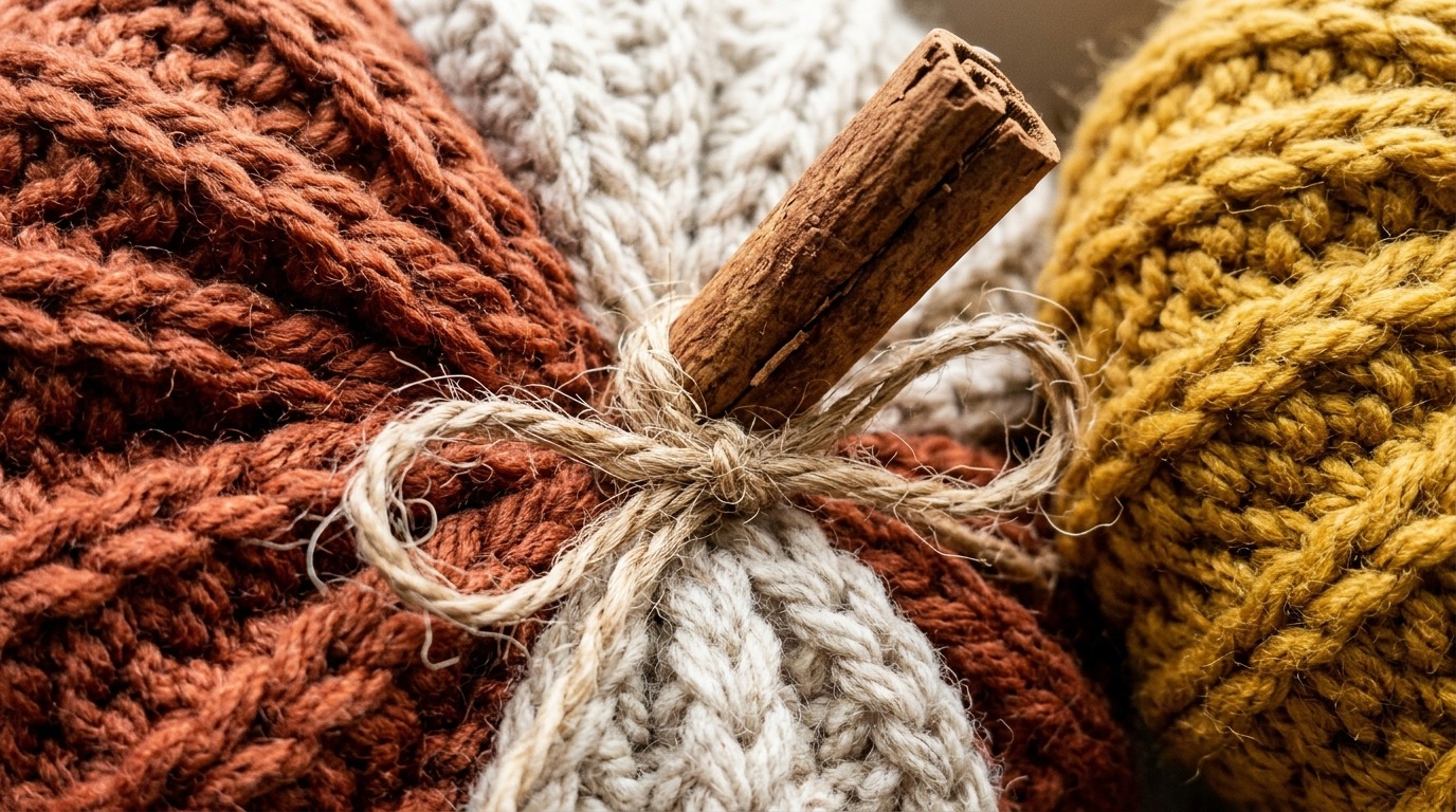 Ultra close up macro photography of handmade rustic crochet farmhouse pumpkins in terracotta and mustard wool with cinnamon stick stem and twine bow
