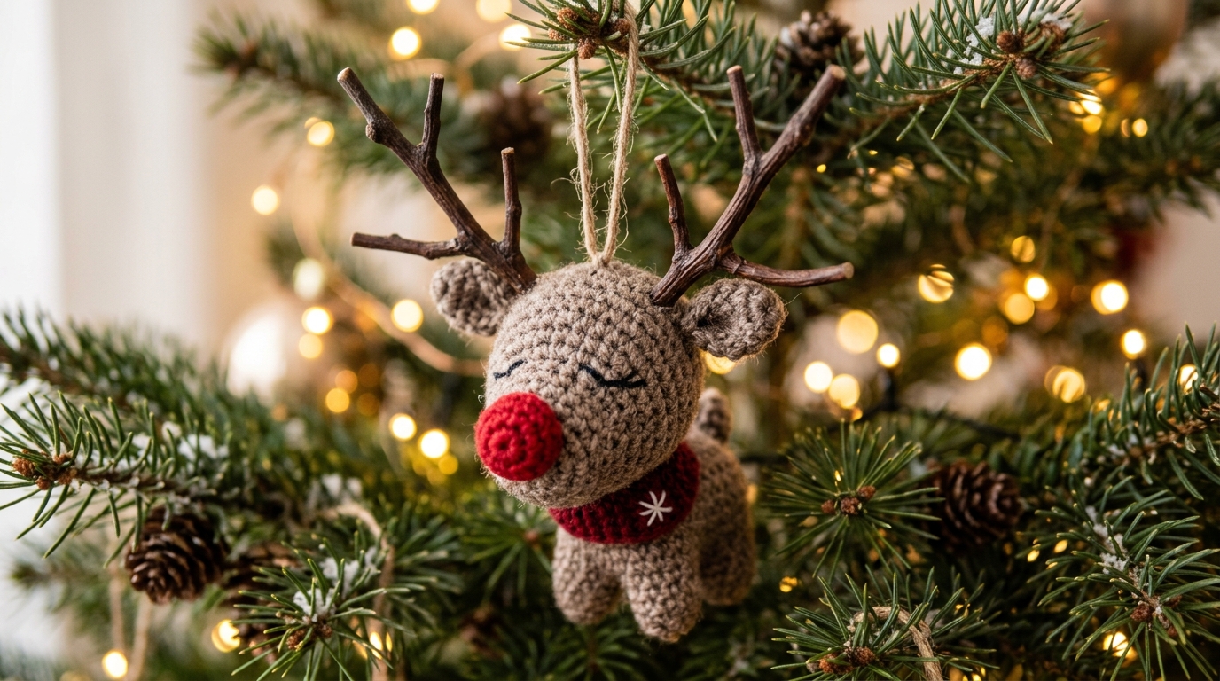 Ultra close-up macro of handmade crochet reindeer ornament with brown antlers and cherry red nose hanging on pine branch