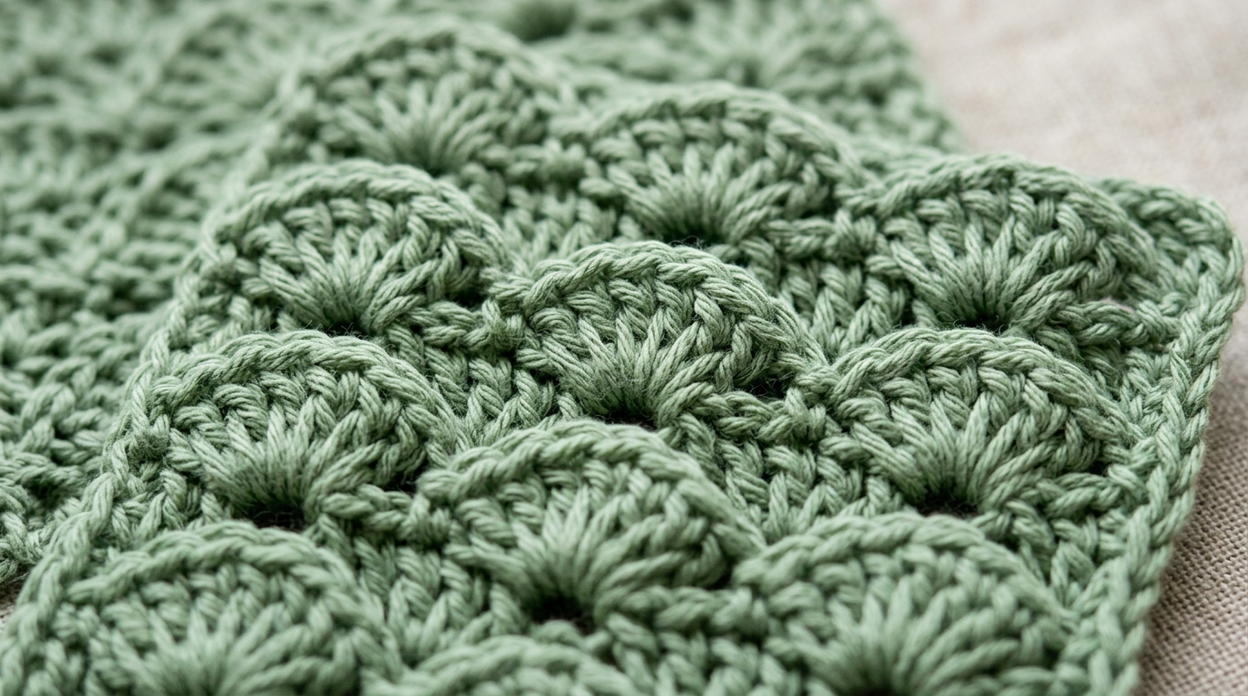 Ultra close-up macro of classic crochet shell stitch swatch in soft sage green cotton yarn