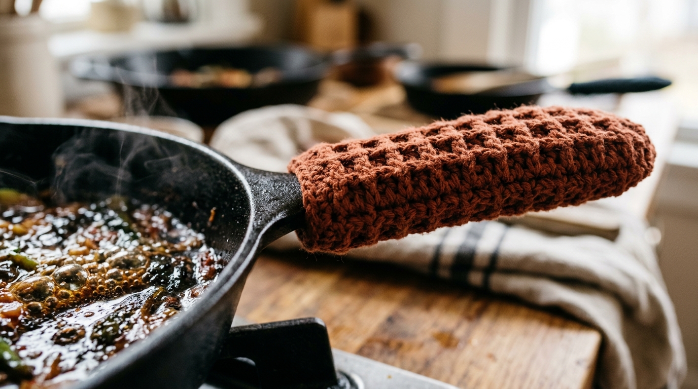 Ultra close-up macro of crochet skillet handle cover in rust terracotta cotton on seasoned cast iron pan