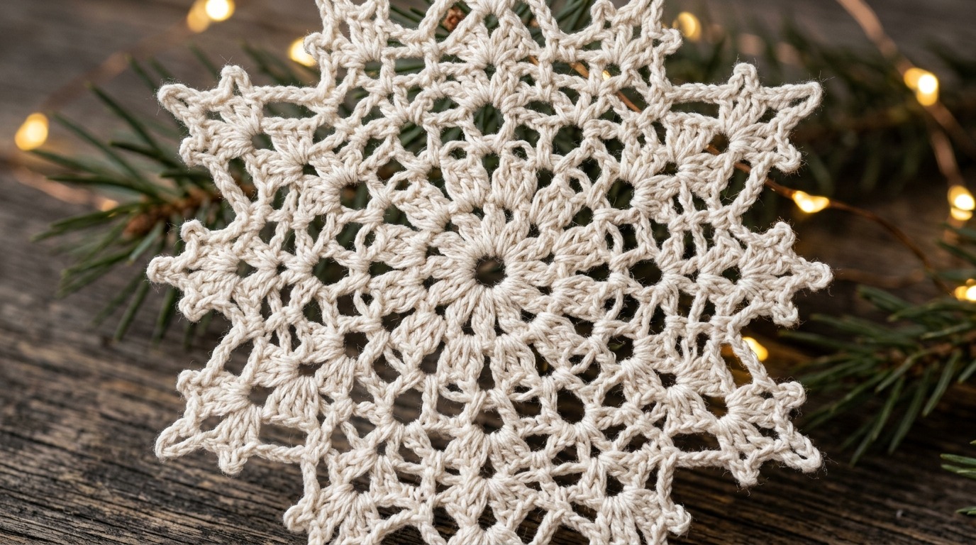 Ultra close up macro photography of handmade delicate ivory cotton crochet snowflake Christmas ornament on rustic wood with fairy lights