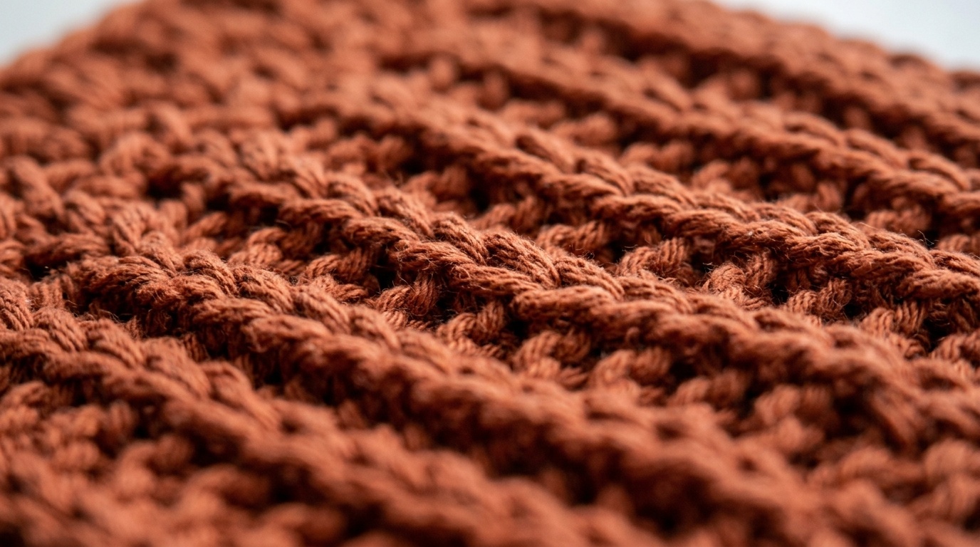 Ultra close-up macro texture of handmade double thick thermal crochet pot holder in natural terracotta cotton