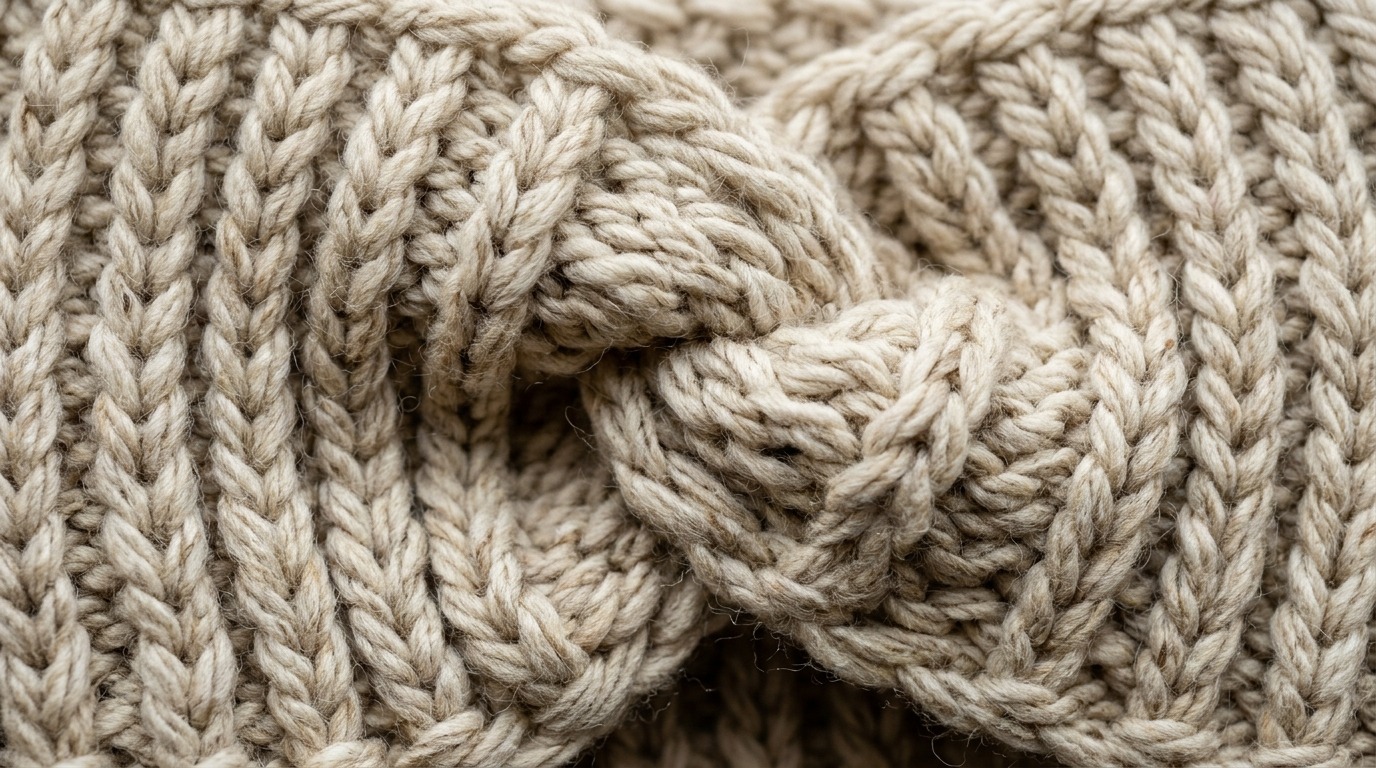 Ultra close up macro photography of handmade ribbed crochet twist headband ear warmer in soft oatmeal wool yarn