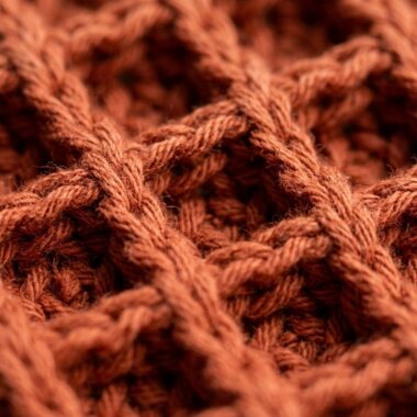 Ultra close up macro texture of handmade crochet waffle stitch dishcloth in warm terracotta cotton yarn