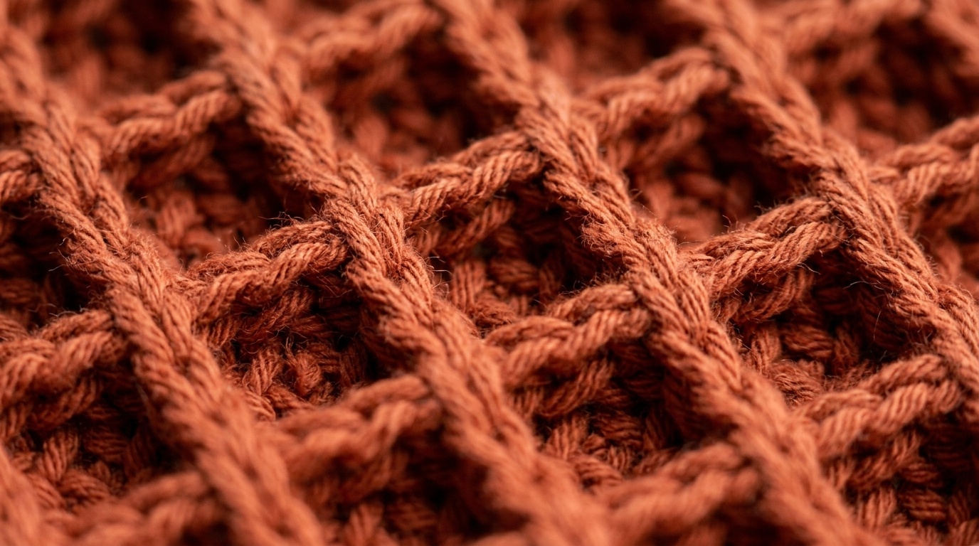 Ultra close up macro texture of handmade crochet waffle stitch dishcloth in solid warm terracotta cotton yarn