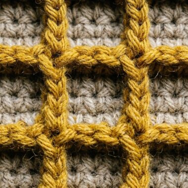 Ultra close up macro photography of handmade crochet waffle stitch swatch with raised front post double crochet ridges in mustard yellow wool yarn