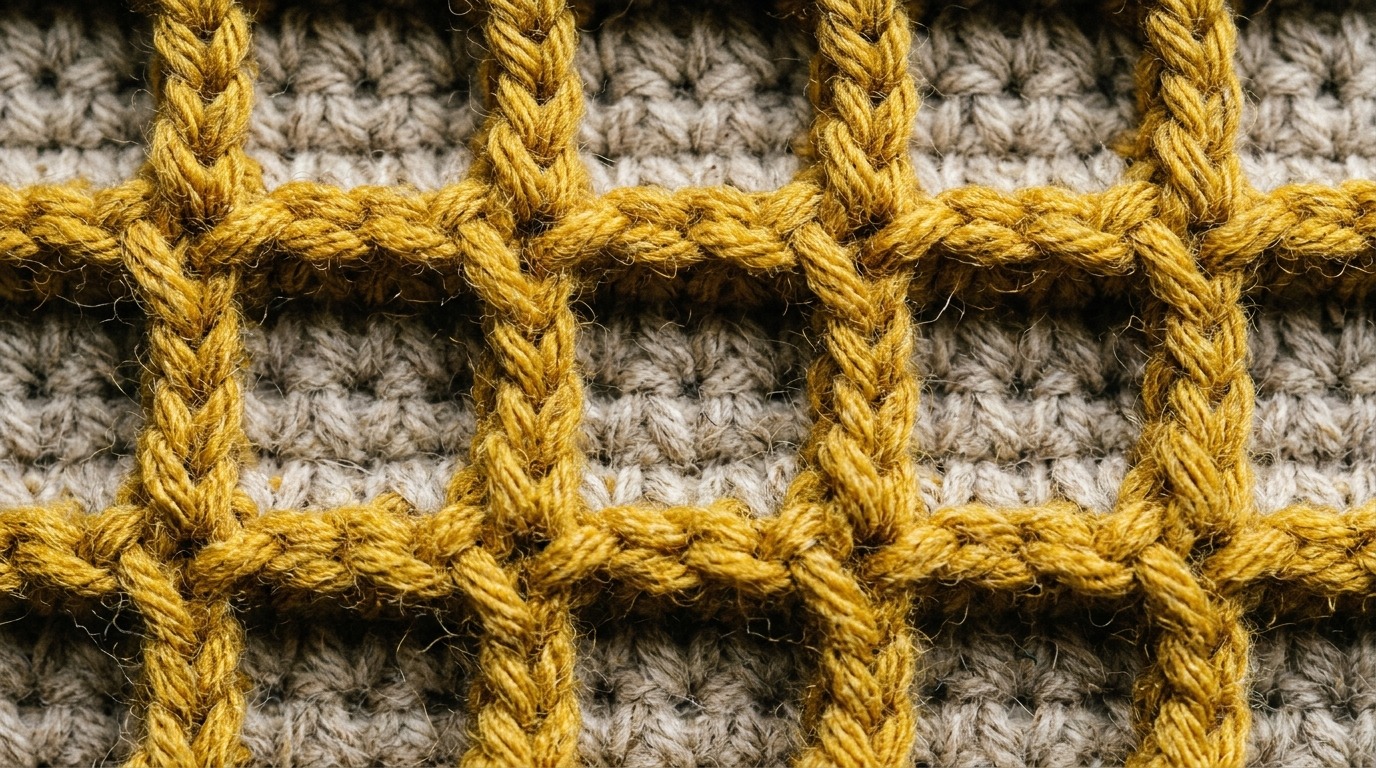 Ultra close up macro photography of handmade crochet waffle stitch swatch with raised front post double crochet ridges in mustard yellow wool yarn