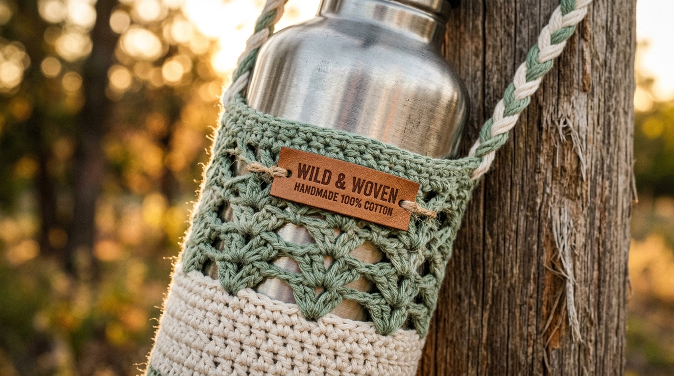 Ultra close-up macro of crochet water bottle holder in cream and eucalyptus green cotton on stainless steel flask