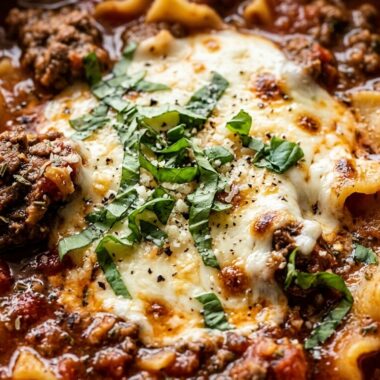 Rich slow cooker lasagna soup topped with melted ricotta and mozzarella cheeses