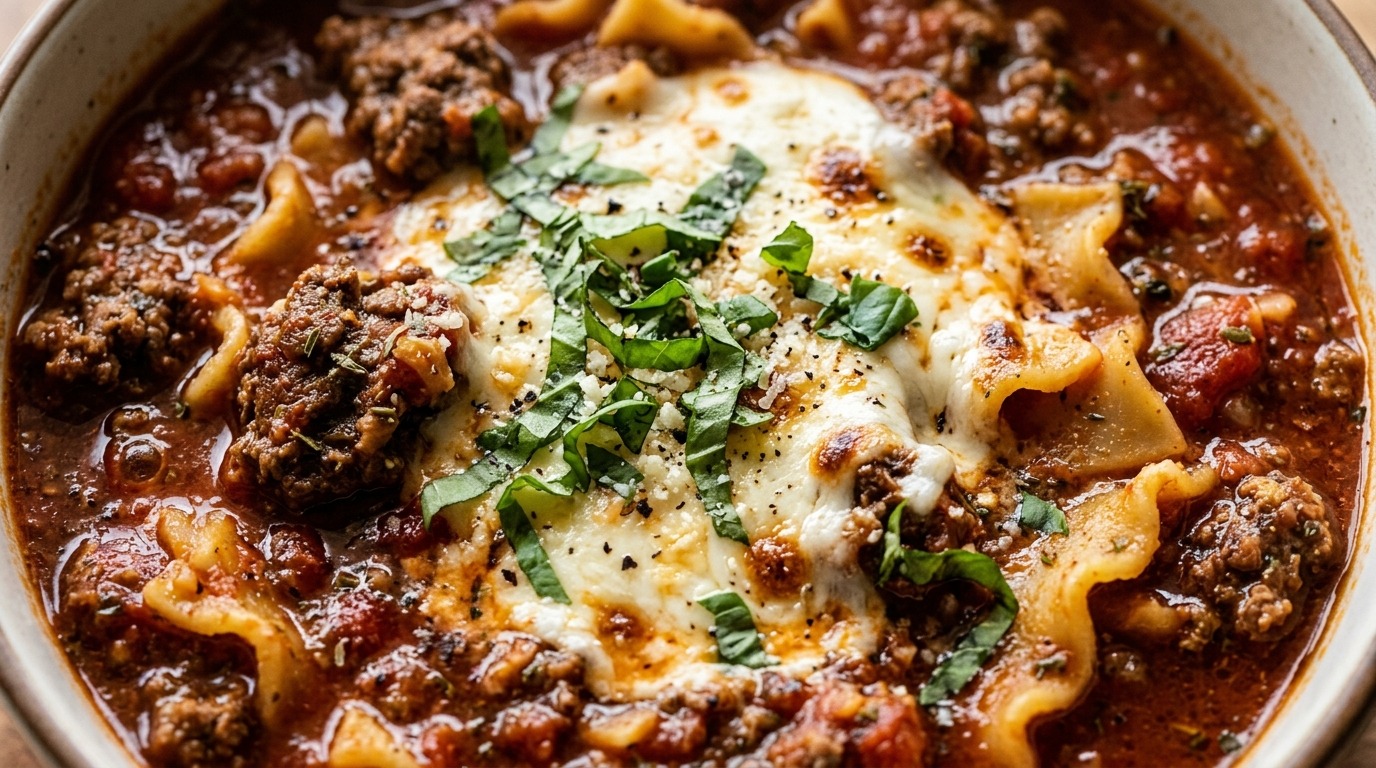 Rich slow cooker lasagna soup topped with melted ricotta and mozzarella cheeses