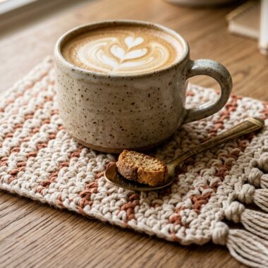 Close-up macro of handmade crochet boho mug rug with knotted fringe and speckled ceramic coffee mug