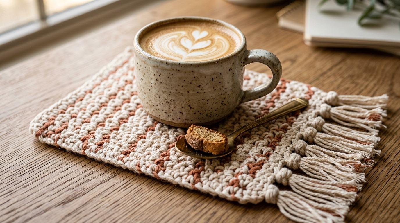 Close up macro texture of handmade crochet boho mug rug with knotted fringe tassels and ceramic mug of cappuccino