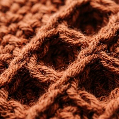 Ultra close up macro texture of handmade farmhouse crochet hanging kitchen towel in terracotta rust cotton