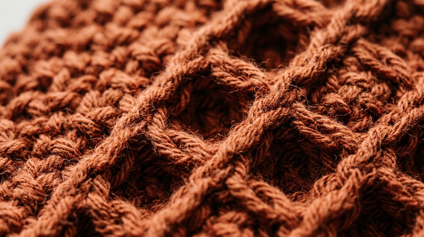 Ultra close up macro texture of handmade farmhouse crochet hanging kitchen towel in terracotta rust cotton