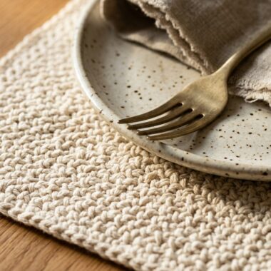 Close-up macro of handmade rustic crochet cotton placemat supporting ceramic dinner plate and brass fork on oak table