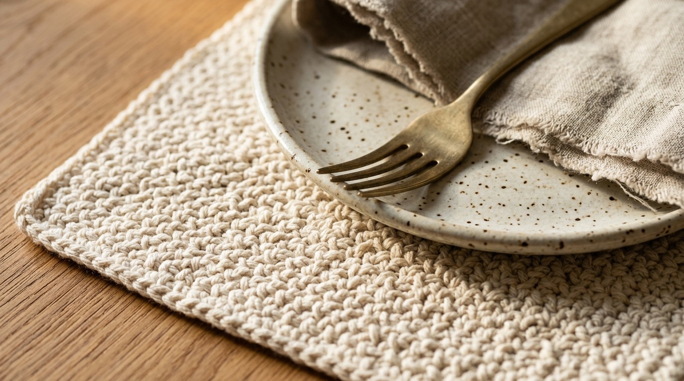 Close up macro texture of handmade rustic crochet cotton placemat supporting ceramic dinnerware and linen napkin