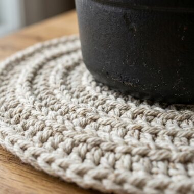 Rustic farmhouse crochet circular trivet hot pad under steaming teapot