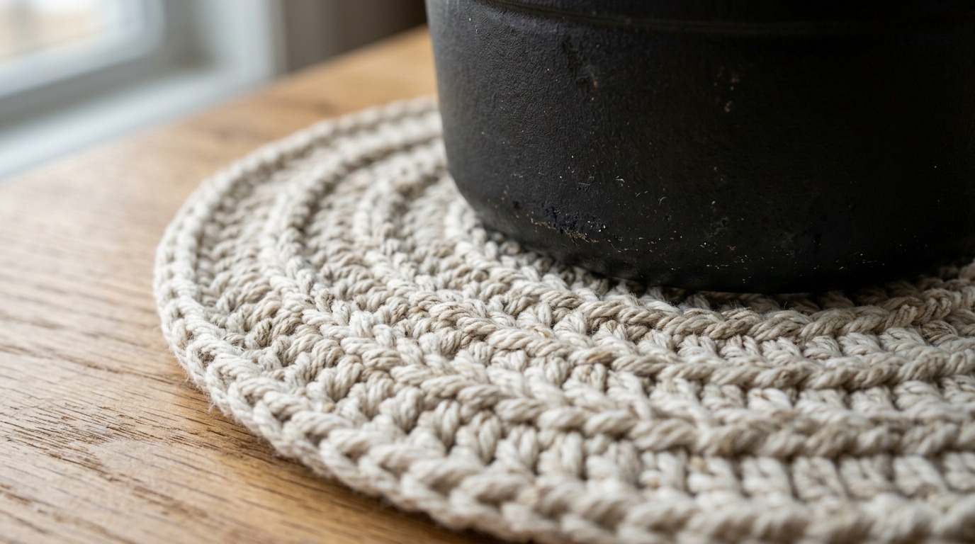 Close-up macro of handmade rustic crochet cotton circular trivet hot pad supporting cast iron pot on wooden table