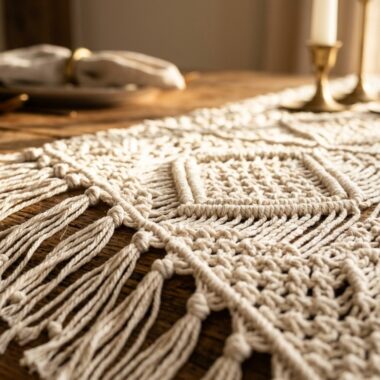 Close-up macro of handmade rustic crochet cotton table runner with fringe on dark wood dining table with brass candlesticks