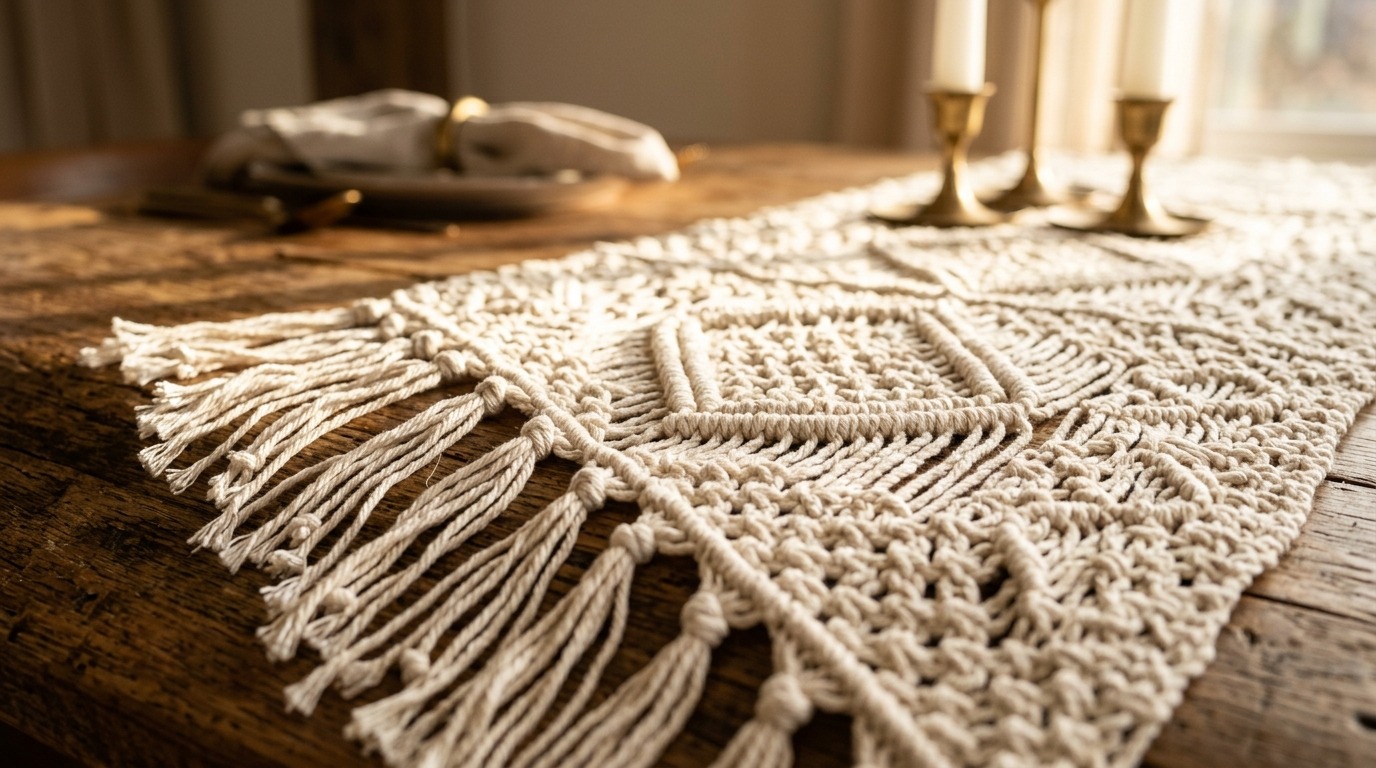 Close up macro texture of handmade rustic crochet cotton table runner with knotted fringe on wooden dining table with brass candlesticks