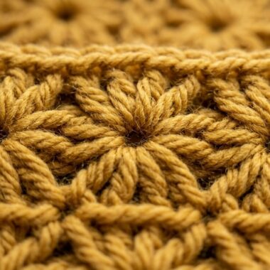 Close-up macro of radiant crochet star stitch pattern in honey mustard gold wool with delicate center eyelets