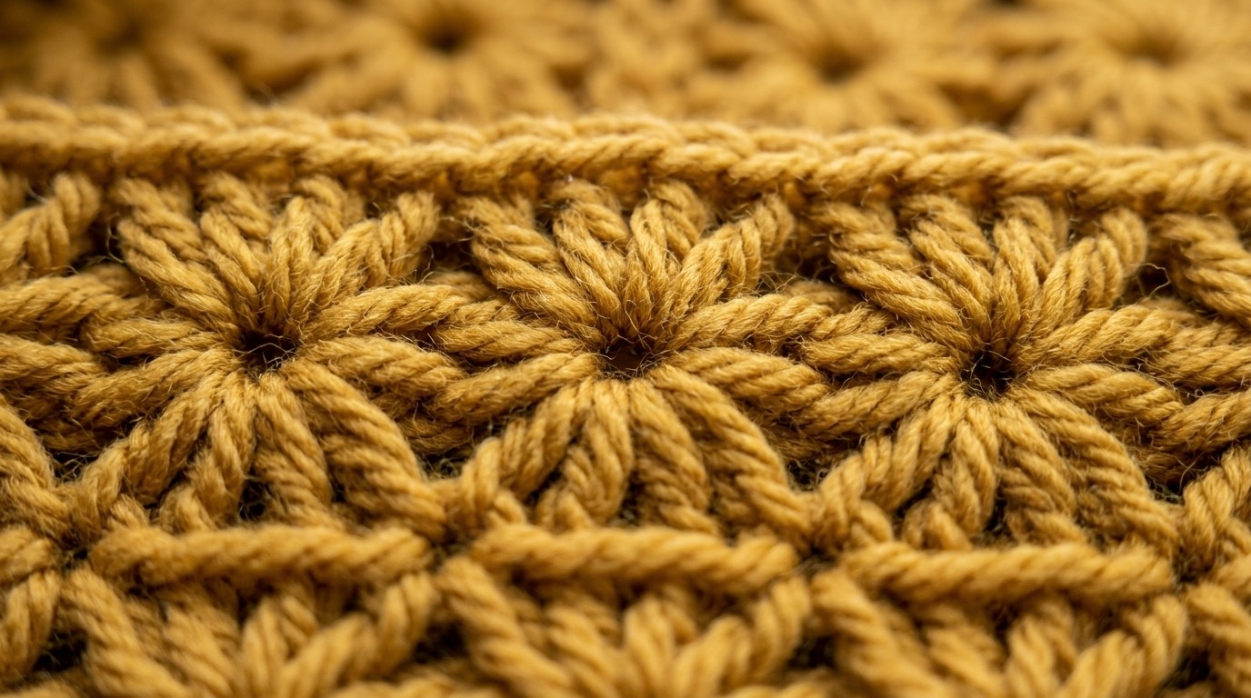 Close up macro texture of crochet star stitch pattern in honey mustard gold wool yarn with radiating star eyelets