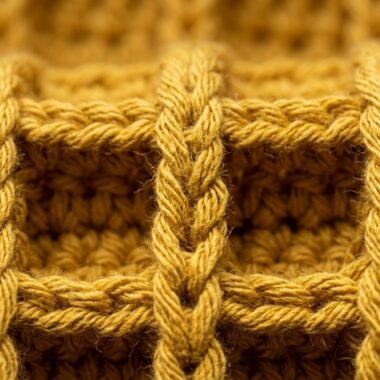 Ultra close up macro texture of crochet waffle stitch in golden mustard yellow cotton yarn