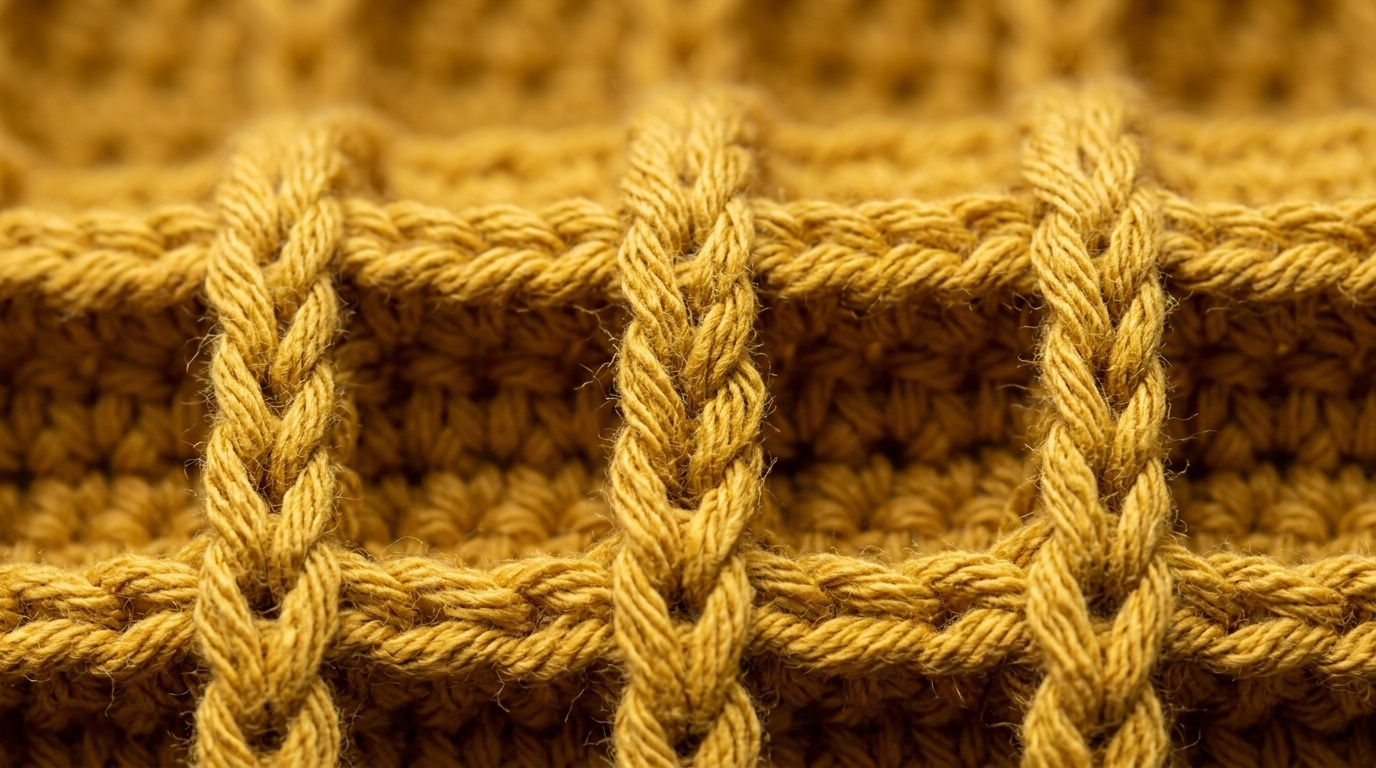 Ultra close up macro texture of crochet waffle stitch in golden mustard yellow cotton yarn