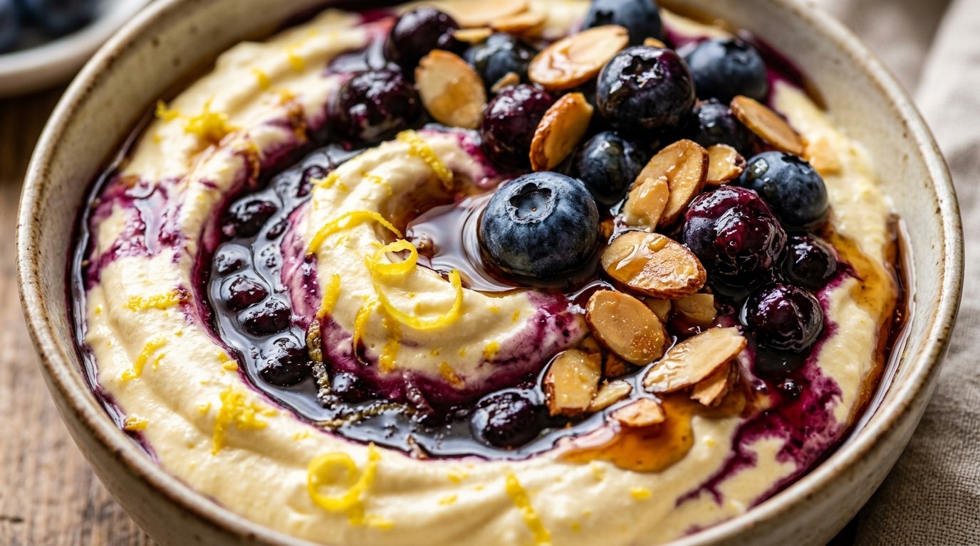 Ultra creamy whipped lemon blueberry cottage cheese breakfast bowl topped with fresh berries and chia seeds