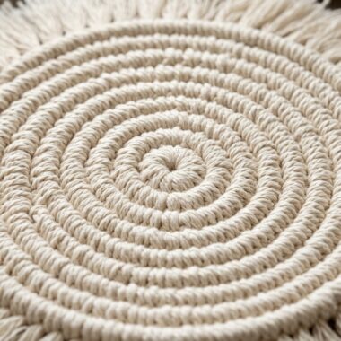 Ultra close up macro texture of modern boho crochet coaster concentric spiral circles in natural unbleached cotton