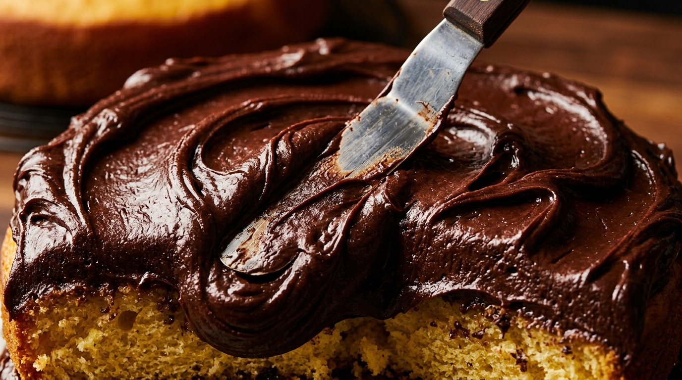 Ultra close up macro of rich glossy old fashioned chocolate fudge frosting swirled onto yellow cake