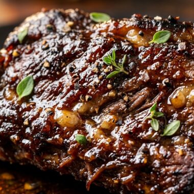 Succulent caramelized oven baked beef ribs with smoky barbecue glaze and fresh herbs