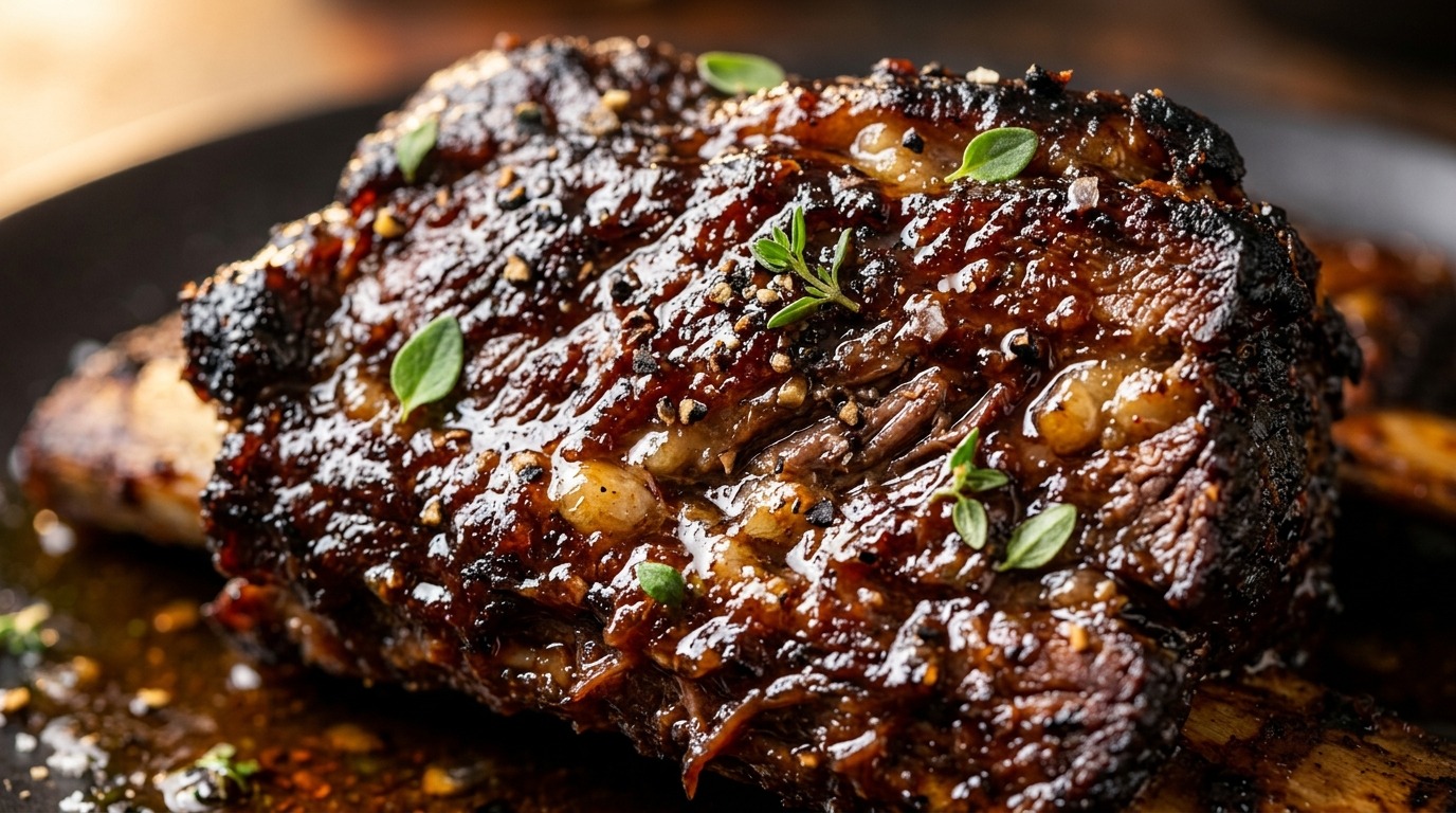 Succulent caramelized oven baked beef ribs with smoky barbecue glaze and fresh herbs