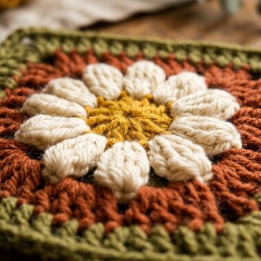 Close up macro texture of floral crochet daisy granny square motif in vintage cream, mustard yellow, and terracotta
