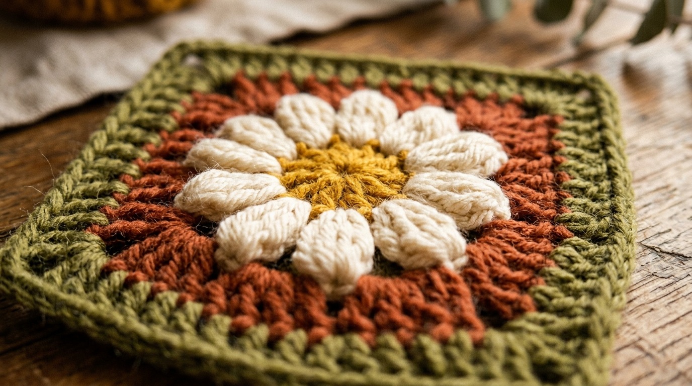 Close up macro of handmade crochet daisy granny square motif featuring 3D puff stitch petals in cream and golden yellow center