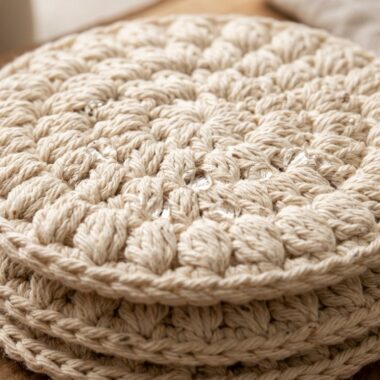 Close-up macro texture of circular handmade puff stitch crochet face scrubbies with water droplets on wooden spa counter