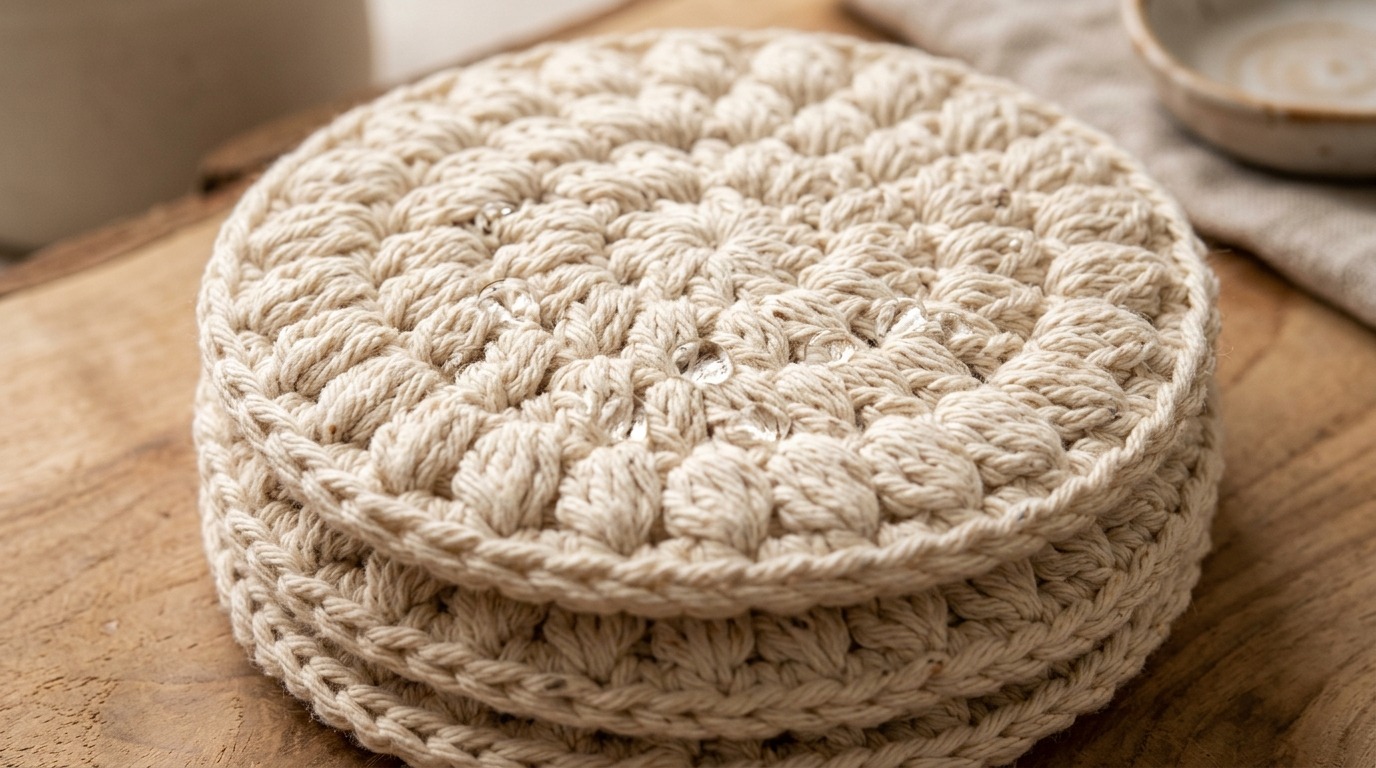 Close up macro texture of handmade puff stitch crochet cotton face scrubbies stacked with water droplets on wooden vanity