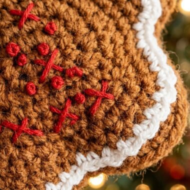 Rustic crochet gingerbread man ornament with white scalloped icing stitches and red embroidered details