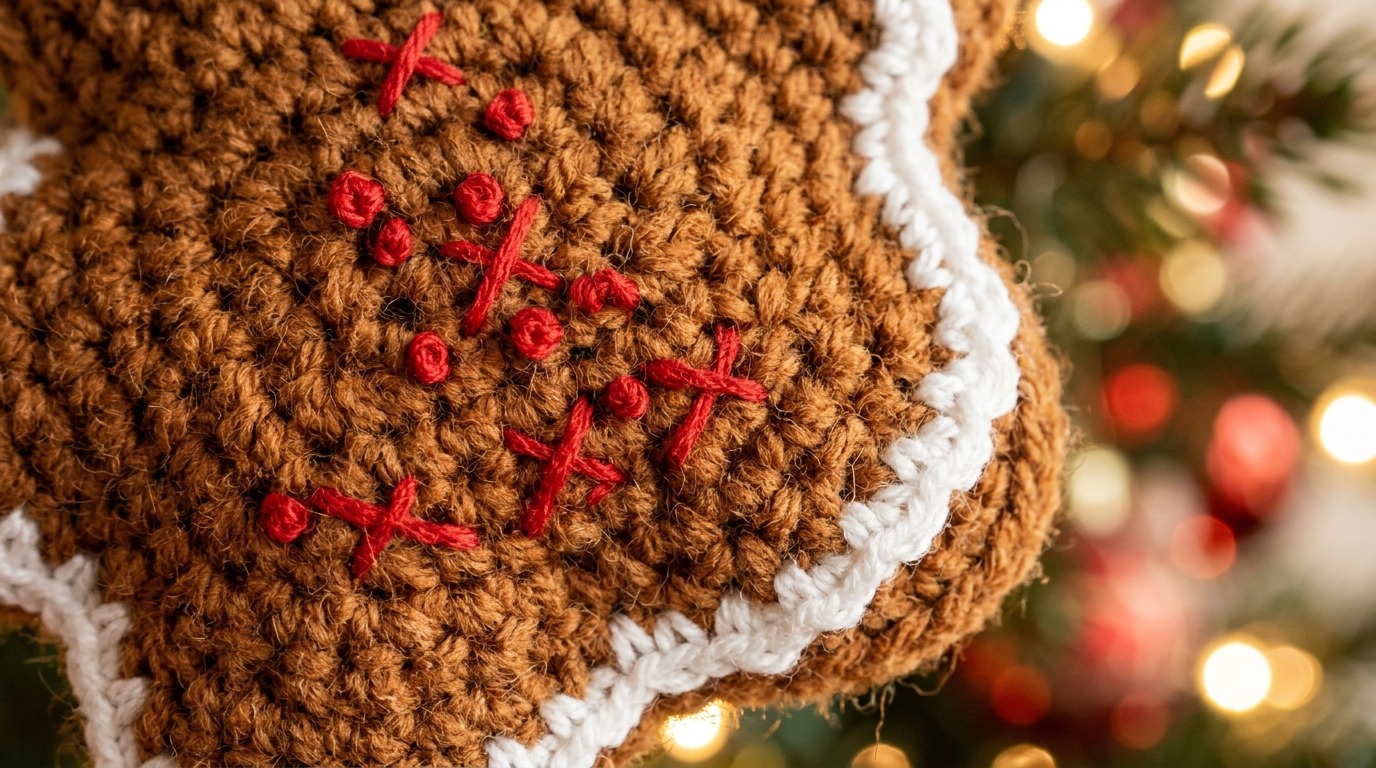 Close-up macro texture of handmade rustic crochet gingerbread man ornament with white scalloped icing border and red cross-stitch details